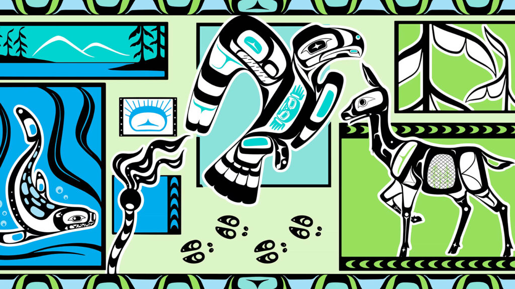 Illustration of a bird, seal and deer